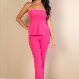 Ribbed Side Slit Bandeau Top & Flare Pants Set